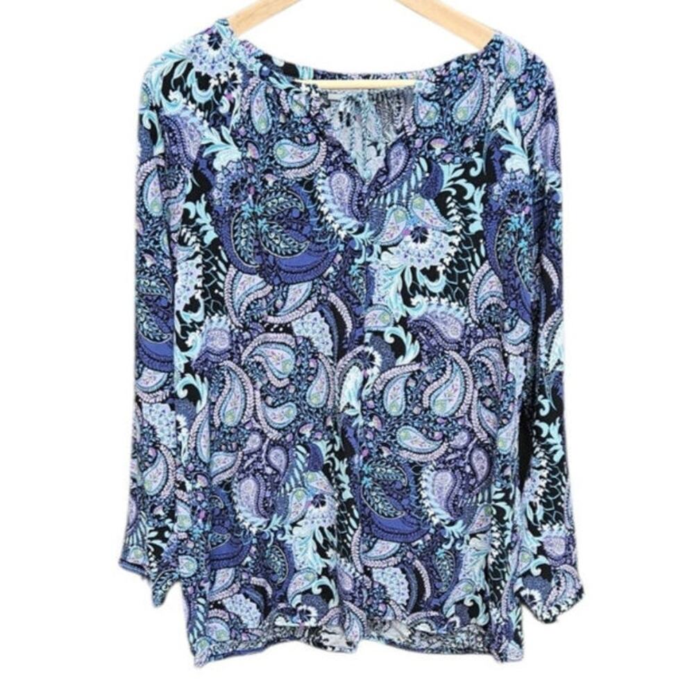 J Jill Paisley Tunic Blouse Vneck Tassel Women's Medium